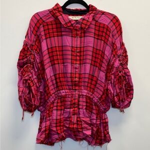 We The Free Pink and Red Plaid Button Down Shirt